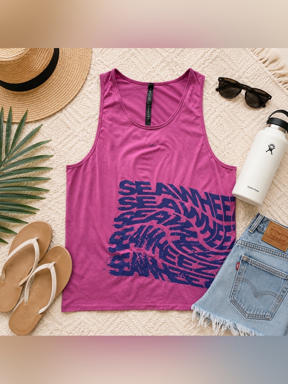 lululemon SeaWheeze Graphic Tank Top Pink Navy Blue Size M